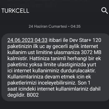 Turkcell Yıllık Dev Star+ 120 Paketi İlk 3 Ay İnternetin Limitlenmesi