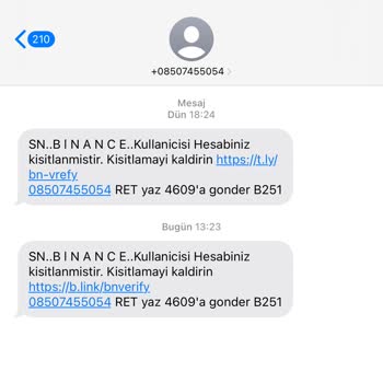 Binance Hesap Kısıtlama SMS'i
