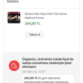 Hepsiburada Hatalı Fiyat Sebebiyle Ürün İptali