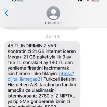 Turkcell'den Yanlış/Yanıltıcı Mesaj