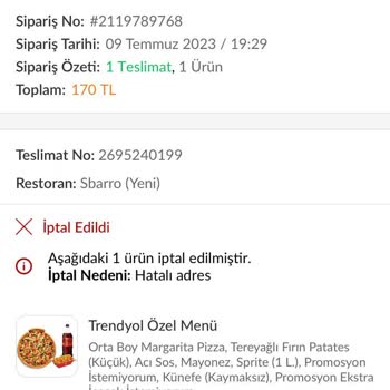 Sbarro Trendyol Yemek Sepeti Para İadesi Yapmadı