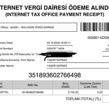 BTK (Bilgi Teknolojileri ve İletişim Kurumu) IMEI Kayıt Ettiğim Halde Yasal Uyarı SMS 2.732,40 TL Ekim 2022 Ödendi