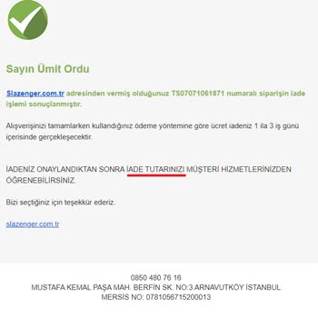 Slazenger Siparişim İptal Edilmiş