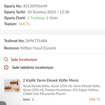 Trendyol Yemek Köfteci Yusuf Çınarlı Şubesi Hizmet Çok Kötü