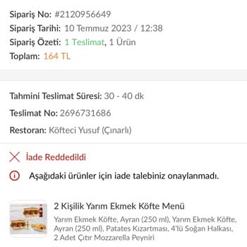 Trendyol Yemek Köfteci Yusuf Çınarlı Şubesi Hizmet Çok Kötü
