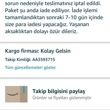 Amazon Sipariş İptal Edilmesi