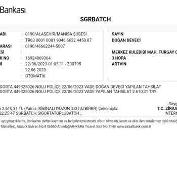 T. C. Ziraat Bankası'nın Türkiye Sigorta Poliçesi
