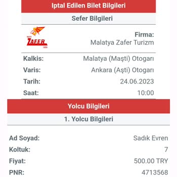 Obilet Ten Alınan Ve İptal Edilen Bilet Ücret İadesi Yapılmadı