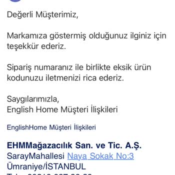 English Home Eksik Ürün Tarafıma Kargolanmıyor