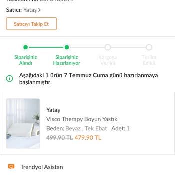 Yataş Trendyol'dan Aracılığıyla Alınan Yastığın Gelmemesi