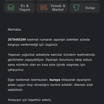 Yataş Trendyol'dan Aracılığıyla Alınan Yastığın Gelmemesi