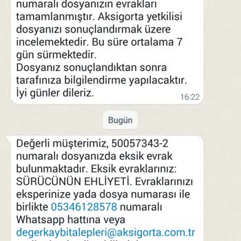 Aksigorta Evrak Eksikliği Mesajı