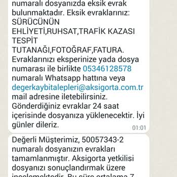 Aksigorta Evrak Eksikliği Mesajı