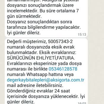 Aksigorta Evrak Eksikliği Mesajı