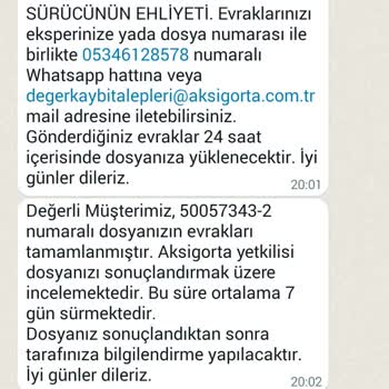 Aksigorta Evrak Eksikliği Mesajı