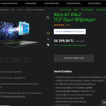 Monster Abra A7 V14.2 Stok Durumu