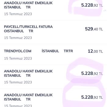 Anadolu Hayat Emeklilik Kredi Kartımdan 3 Adet Ödeme Çekti