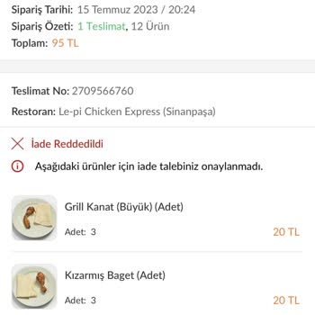Trendyol Yemek Hatalı Sipariş İçin İade Talebinin Red Edilmesi!