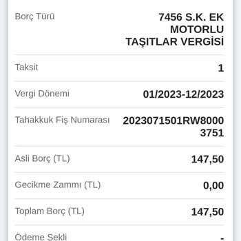 E-Devlet (Turkiye.gov.tr) MTV Vergisi Tahsilatı Düşmeyen Borç