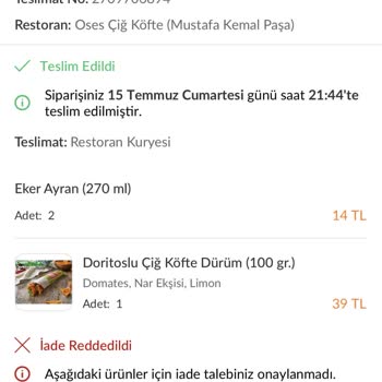 Trendyol Yanlış Yemeğe Olumsuz Dönüş!