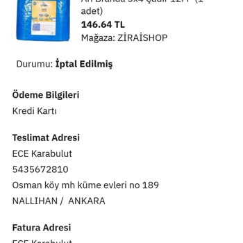 Ziraishop Sipariş Verilen Ürünün İptal Edilmesi