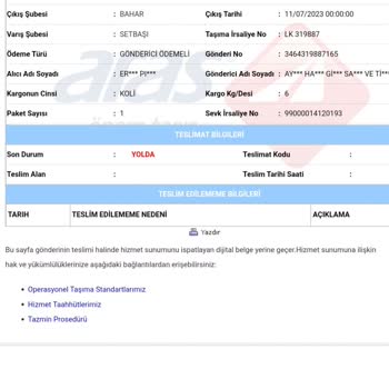 Aras Kargo Kargo 7 Gündür Şubeye Teslim Edilmek Üzere Yolda Gözüküyor.