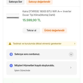 Kaira Klima Teslim edildi gözükmesine rağmen gelmeyen klima ve ilgisiz personel.