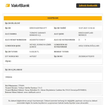 Garanti BBVA Göndericisine Geri İade Edilmeyen 9.430,00 - TL'lik EFT
