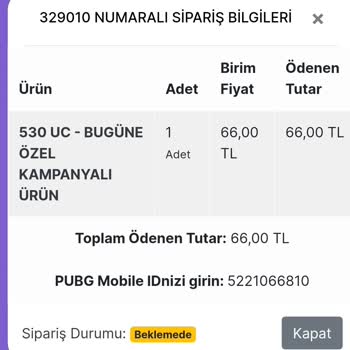 RitaGame PUBG Mobile 530 Uc Siparişi