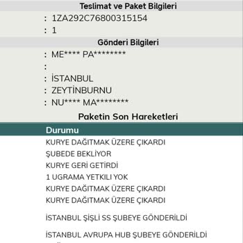 UPS Türkiye Kargo Bekletilmesi Ve Teslim Edilmemesi