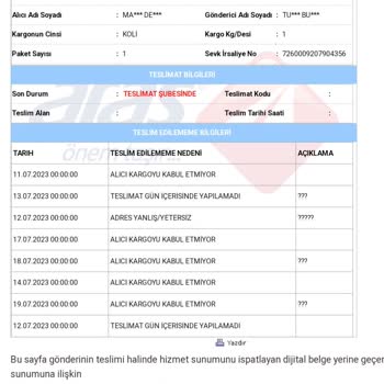Aras Kargo Dağyaka Şubesi Sorumsuzluğu