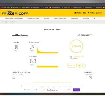 Millenicom Superonline Altyapısı İnternet Hızı (Fiber 0.9 - 1 Mbps )
