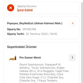 İstanbul Beylikdüzü Popeyes Şubesinden Sipariş Verdim