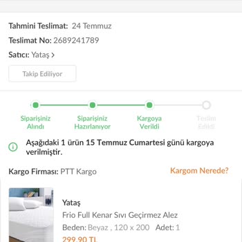 PTT Kargo Trendyol Yataş Probleminin Telefi Edilmesini İstiyorum