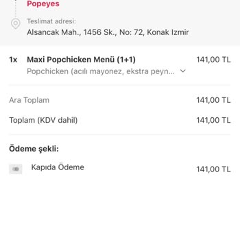 İzmir Montrö Popeyes Şubesi Yemeksepeti İptal Edilen Sipariş