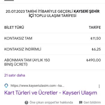 Kayseri Büyükşehir Belediyesi Şehir İçi Ulaşım Zammı