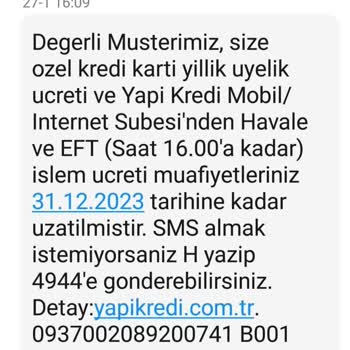 Yapı Kredi Bankası Yanıltıcı SMS İle Kredi Kartı Aidatı Kesilmesi