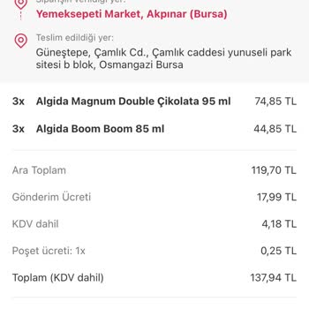 Yemeksepeti Market Bursa Akpınar Şubesi Siparişimi Teslim Etmedi!