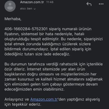 Amazon Siparişin İzinsiz İptali
