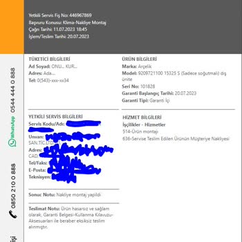 Arçelik Klima Hatalı-Kusurlu Mal Satılması