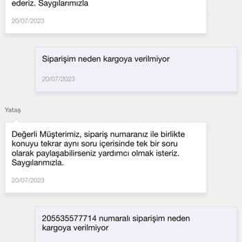 Yataş Kargoya Verilmeyen Sipariş