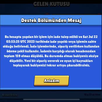 Brawl Stars Oyun Hesabından Yanlışlıkla Çekilen Elmaslar