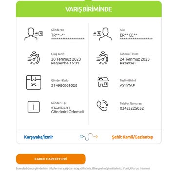 Ayıntap Şubesi Yurtiçi Kargo Ürün Teslim Edilemedi