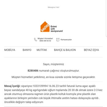 Koçtaş Sandalye Üretim Hatası. İlgisizlik. Cozumsuzluk