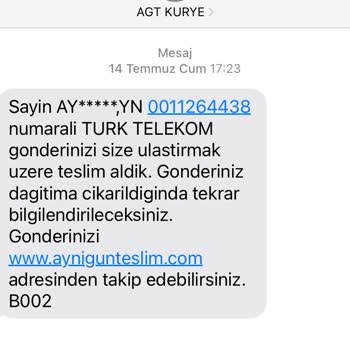 AGT Kurye (aynigunteslim.com) Kargomuz 10 Gün Geçmesine Rağmen Hala Teslim Edilmedi