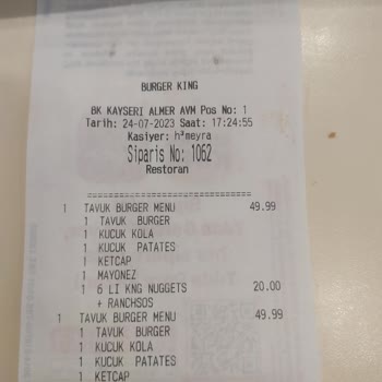 Burger King Almer AVM Siparişi Eksik Veriyor