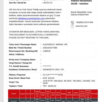 Türk Hava Yolları İptal Ettiği Biletten Doğan Zararı Karşılamıyor.