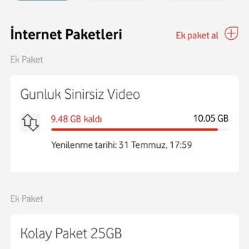 Vodafone Net Vodafone'dan Aldığım Ek 10 GB İnternet Paketi Ve Günlük Sınırsız Video Pas Paketi İle İlgili Şikayetim