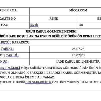 Micca İadeyi Lekeli Gönderdiniz Deyip Yapmamaları