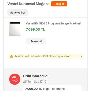 Vestel Bulaşık Makinesi İade Sorunu